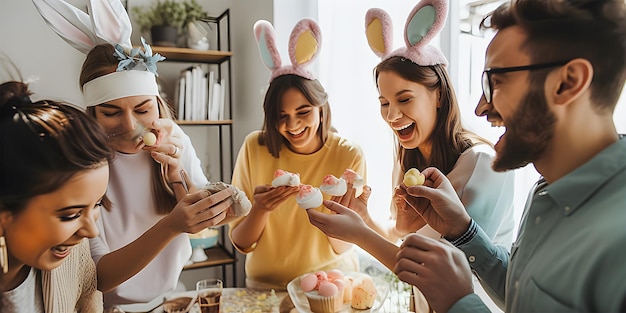 Photo a group of people are having easter eggs at a table