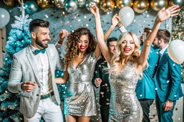 Photo a group of people are having fun and dancing in a room with balloons