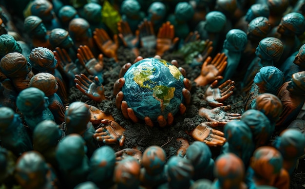 Photo a group of people are holding hands around a globe the people are wearing blue and orange concept of unity and togetherness