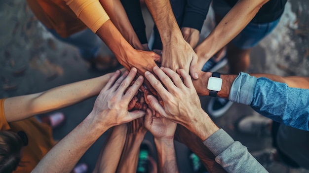 A group of people are holding hands in a circle