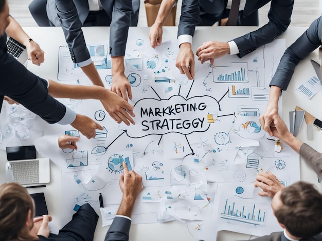 Photo a group of people are holding hands and a sign that says marketing strategy