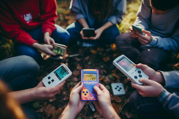 Photo a group of people are holding up their phones and one has a card that says " the game " on it.