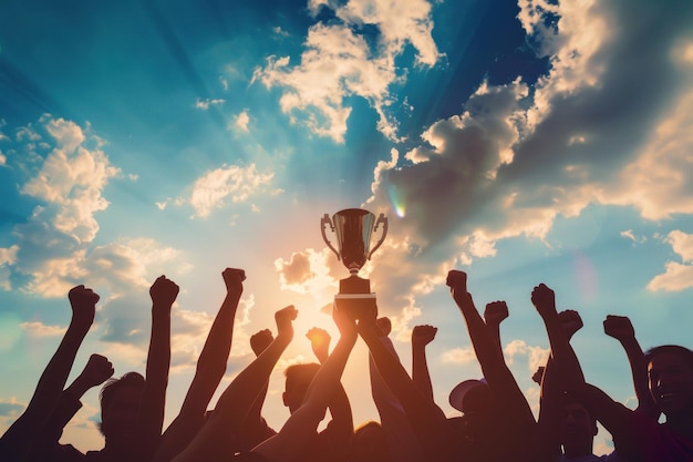 A group of people are holding up a trophy in the air