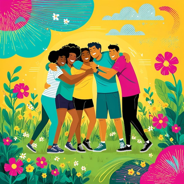 a group of people are hugging in a field of flowers