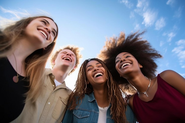 A group of people are laughing and looking at the sky International Friendship Day