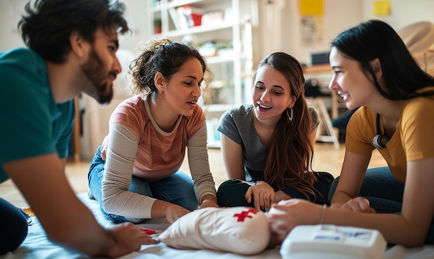 Photo a group of people are looking at a baby on the floor