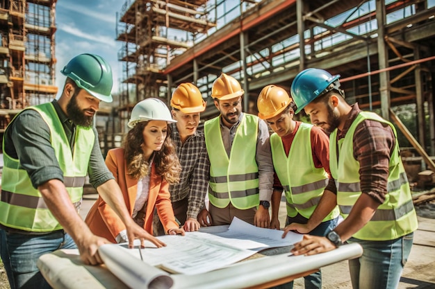 a group of people are looking at a blueprint