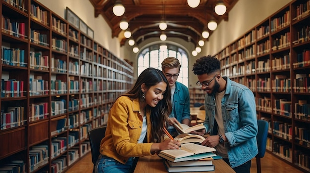 Photo a group of people are looking at books in a library