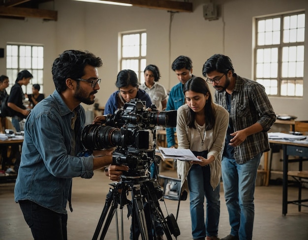 a group of people are looking at a camera and a man is holding a paper