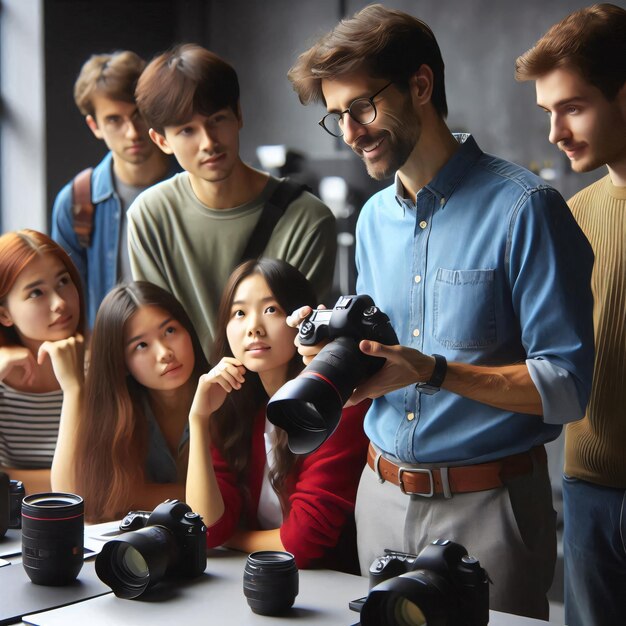 Photo a group of people are looking at a camera with a camera in front of them