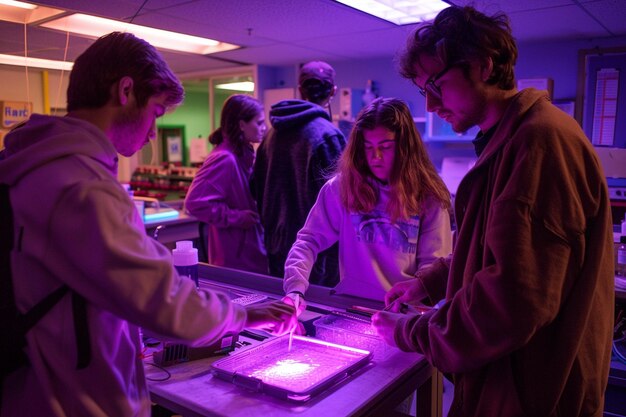 Photo a group of people are looking at a light bulb