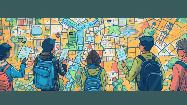 Photo a group of people are looking at a map they are all wearing backpacks the map is colorful and has a