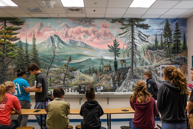 a group of people are looking at a painting on a wall