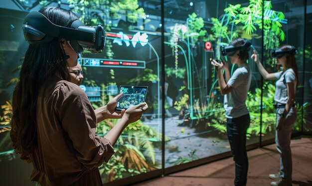 Photo a group of people are looking at a screen with a picture of a jungle scene in the background