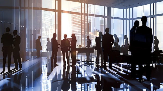 A group of people are meeting in a modern office space with large windows and a view of the city