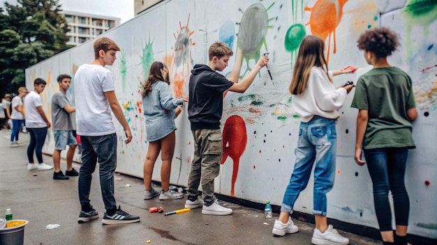 Photo a group of people are painting a wall with paint on it