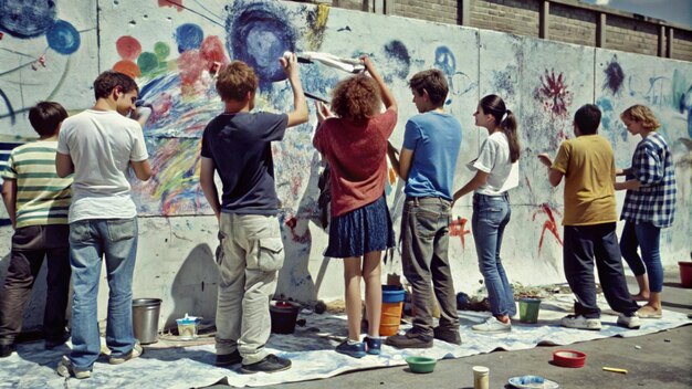 Photo a group of people are painting a wall with paint on it