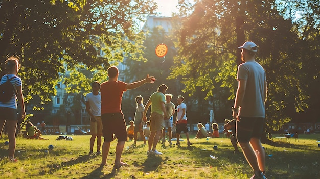 Photo a group of people are playing with a frisbee in the park