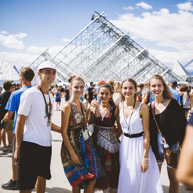 a group of people are posing for a photo in front of a pyramid