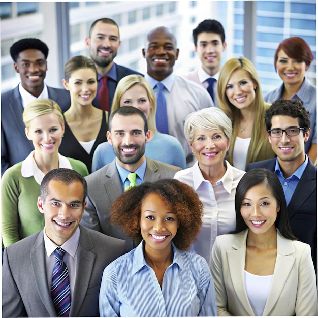 a group of people are posing for a photo and one has a picture of a woman in a suit