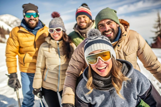 a group of people are posing for a photo in the snow