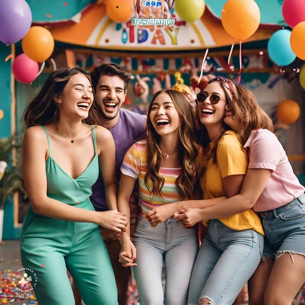 a group of people are posing for a photo with balloons in the background