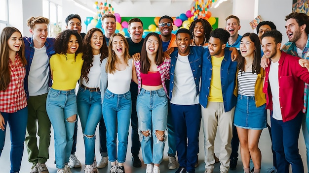 a group of people are posing for a photo with balloons