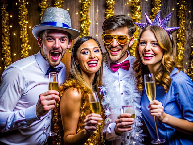 a group of people are posing for a photo with champagne glasses