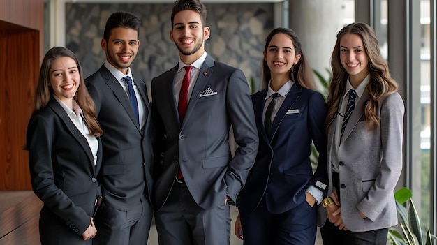 a group of people are posing for a photo with a name tag on it