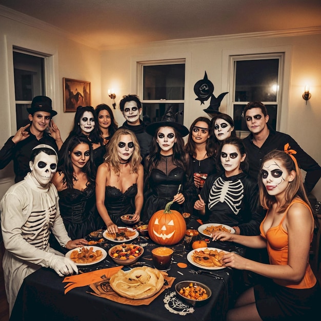 a group of people are posing for a photo with pumpkins on them