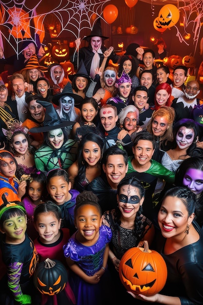 a group of people are posing for a photo with pumpkins