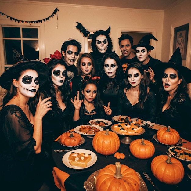 a group of people are posing for a photo with skulls and pumpkins