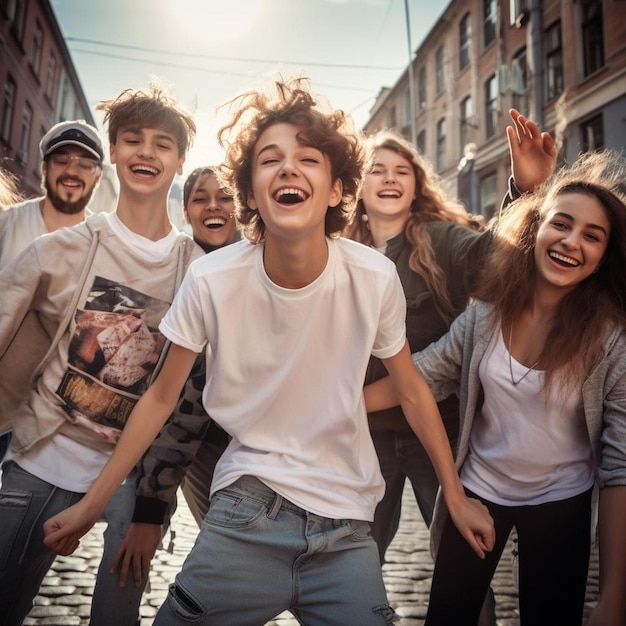 A group of people are posing for a picture with one of them wearing a white shirt that says's on it.