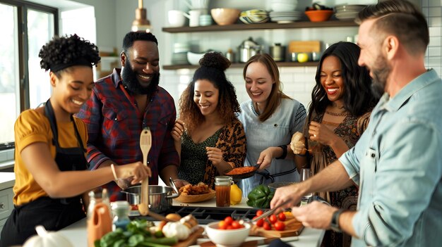 a group of people are preparing food in a kitchen