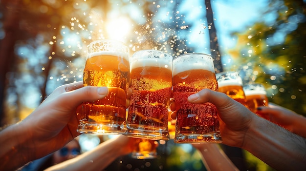 A group of people are raising beer glasses in a toast