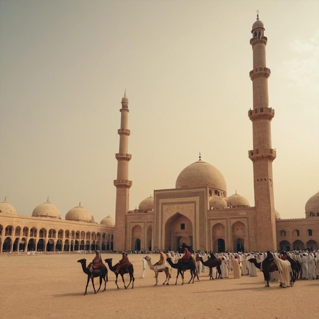 Photo group of people are riding camels in front of a building with a large dome in the background