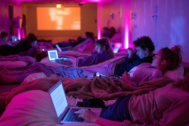 a group of people are in a room with laptops and a screen that says  the word  on it