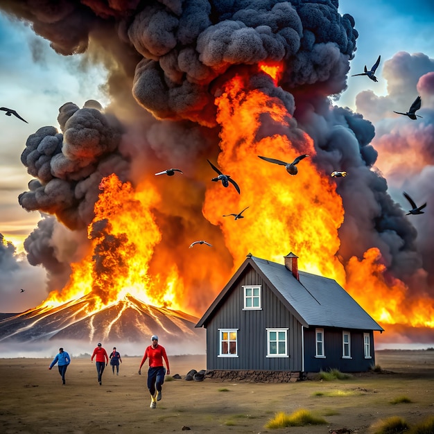 a group of people are running in front of a house with a fire in the background