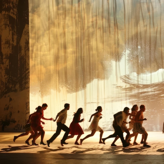 a group of people are running in front of a large curtain that says  the word