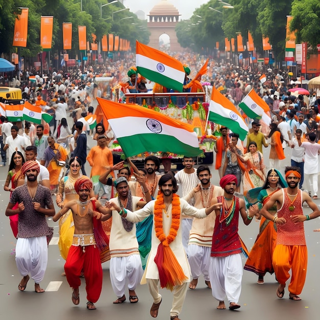 a group of people are running in a parade with flags and flags