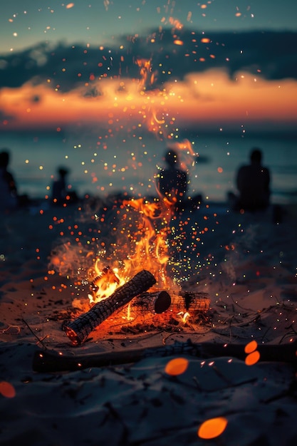 A group of people are sitting around a fire on a beach at sunset