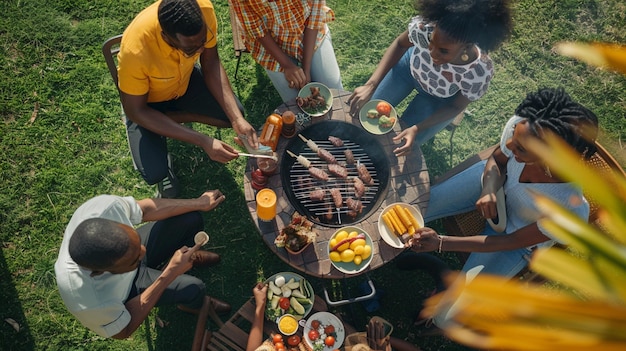 a group of people are sitting around a fire with food on it