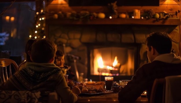 A group of people are sitting around a fireplace in a cozy living room