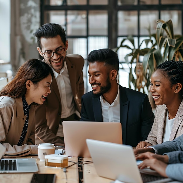 a group of people are sitting around a laptop and one of them has a coffee cup on it