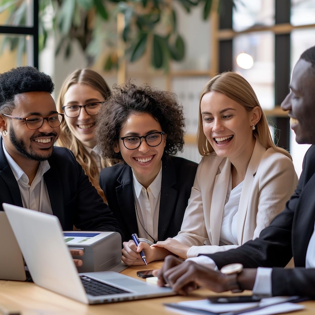 a group of people are sitting around a laptop and smiling