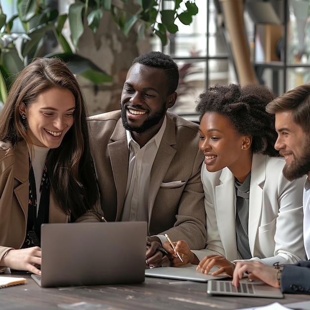 a group of people are sitting around a laptop and smiling