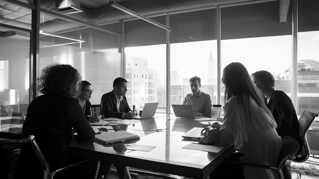 A group of people are sitting around a table in a conference room They are looking at a laptop on the table