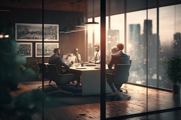 A group of people are sitting around a table in a meeting room.