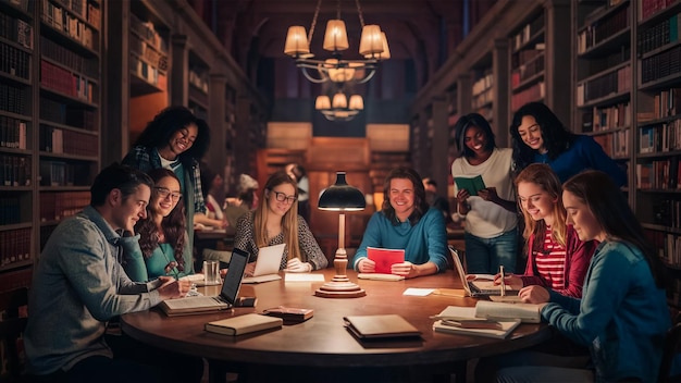 a group of people are sitting around a table with books and a lamp