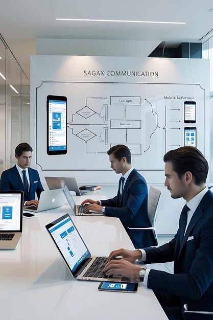 Photo a group of people are sitting around a table with computers